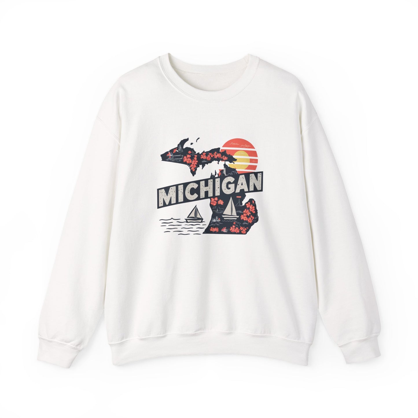 Michigan State Silhouette Sweatshirt | Retro Sunset Sailboat Lakeside