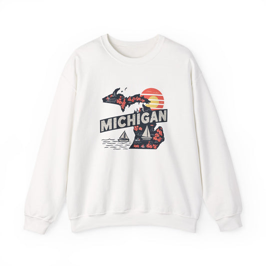 Michigan State Silhouette Sweatshirt | Retro Sunset Sailboat Lakeside