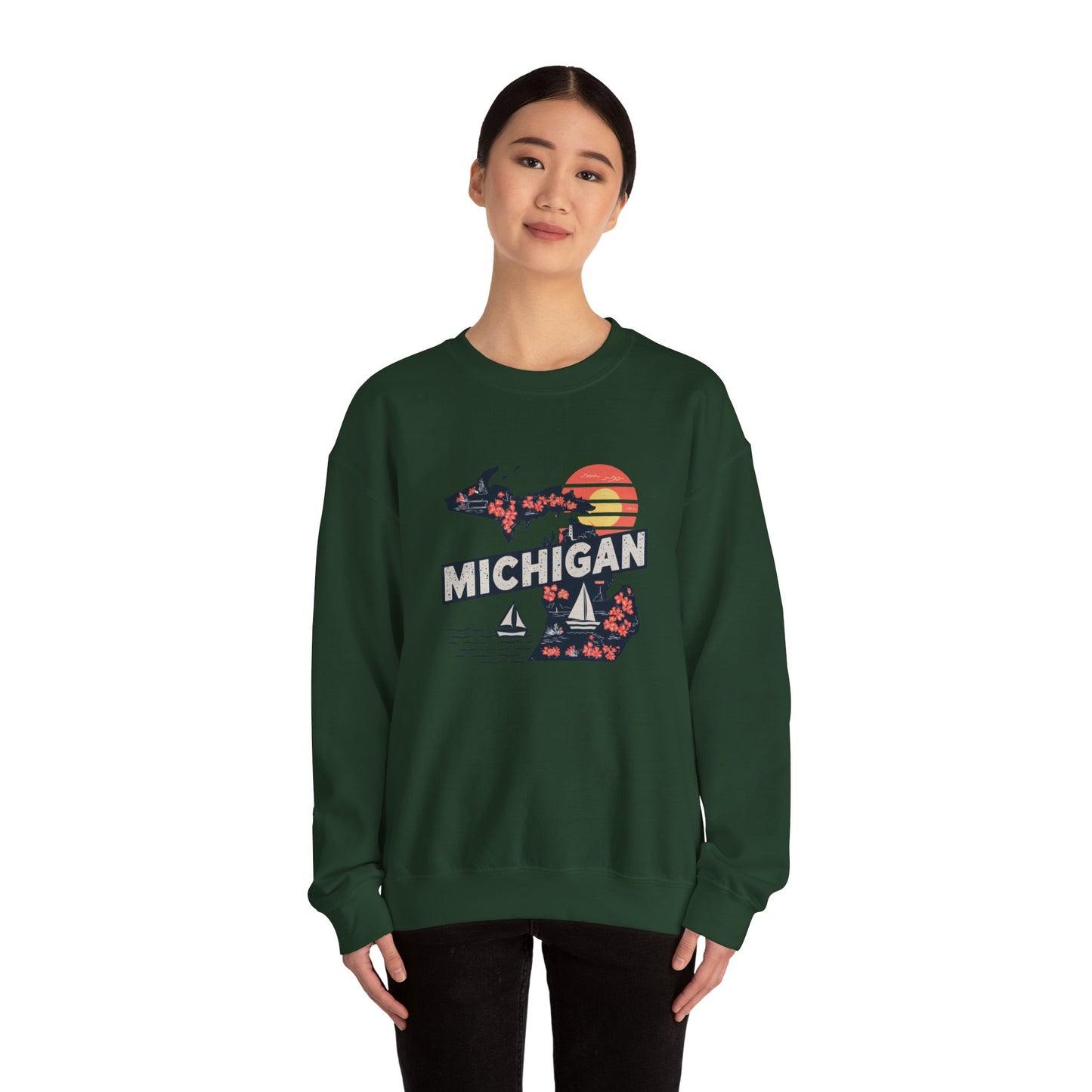 Michigan State Silhouette Sweatshirt | Retro Sunset Sailboat Lakeside