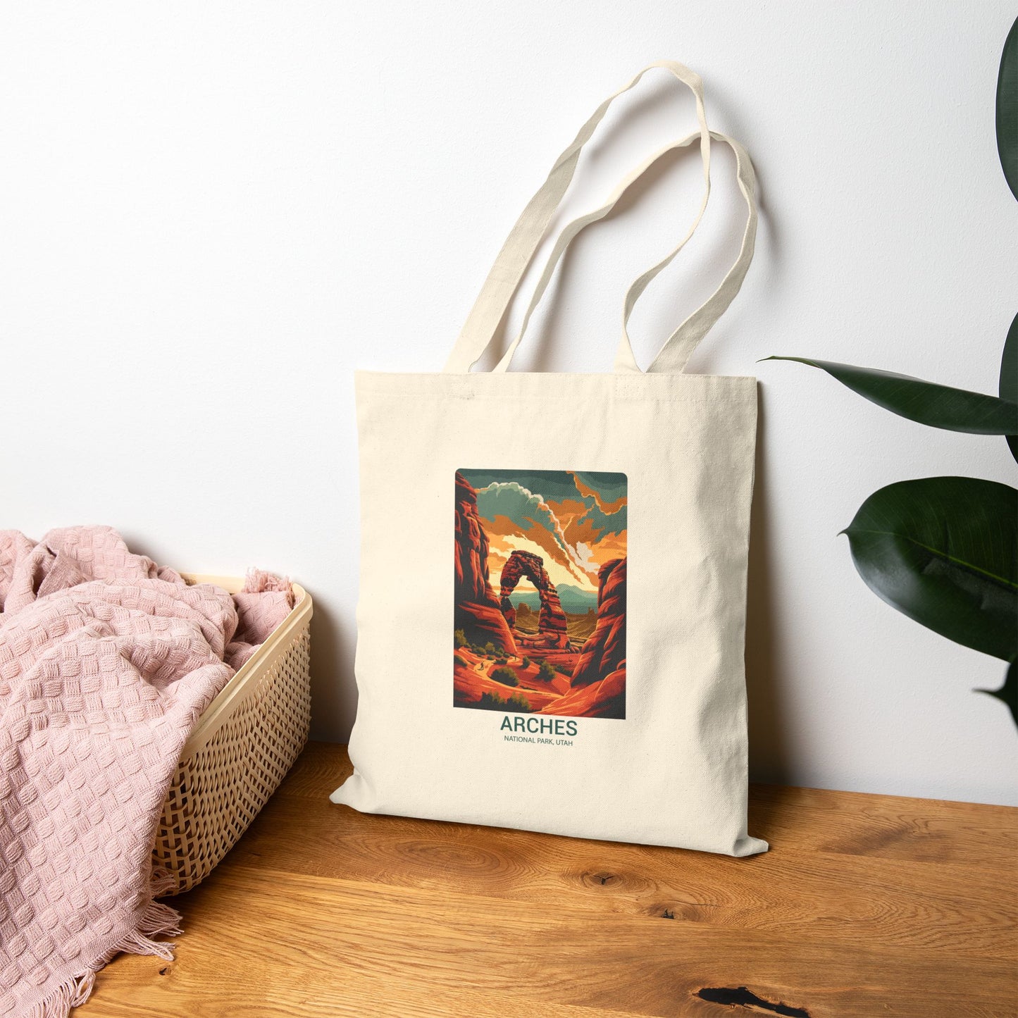 Arches National Park Tote Bag — Vintage Sunset Landscape Canvas Tote