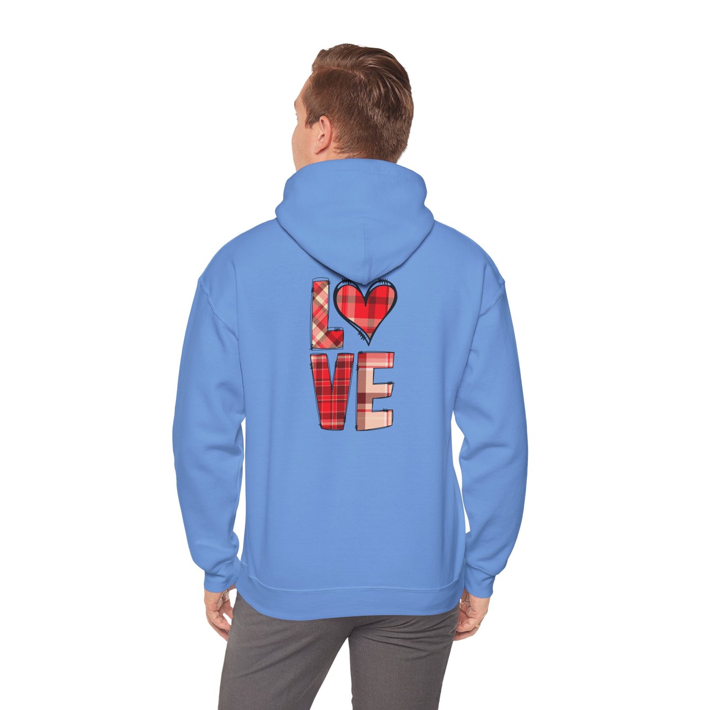 Love Hoodie with Plaid Heart on Front and Bold Love Design on Back