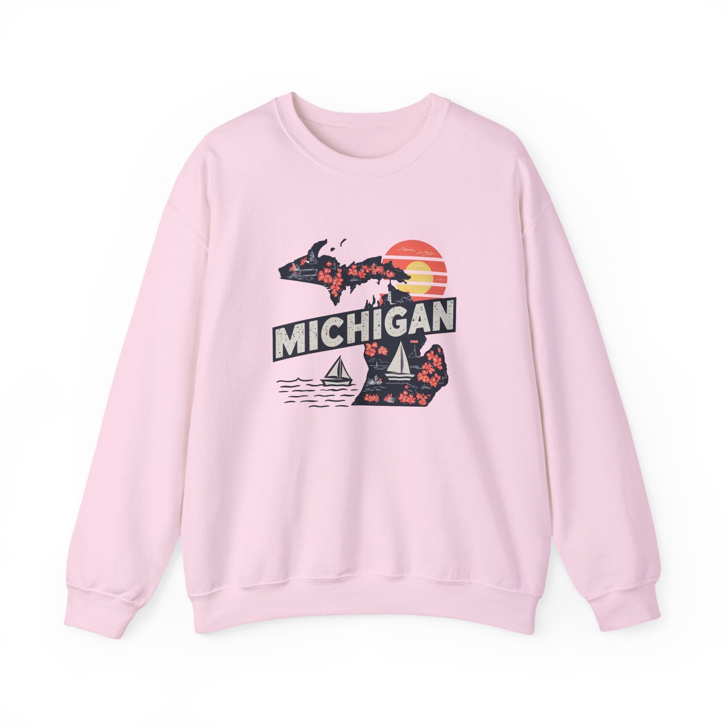 Michigan State Silhouette Sweatshirt | Retro Sunset Sailboat Lakeside