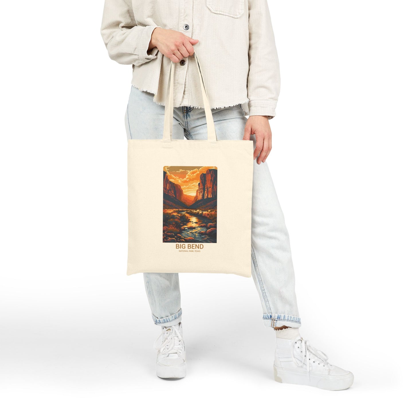 Big Bend National Park Sunset Tote Bag — Retro Desert Landscape Cotton Canvas Tote