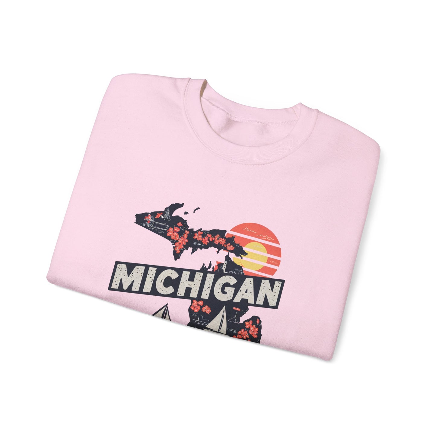 Michigan State Silhouette Sweatshirt | Retro Sunset Sailboat Lakeside