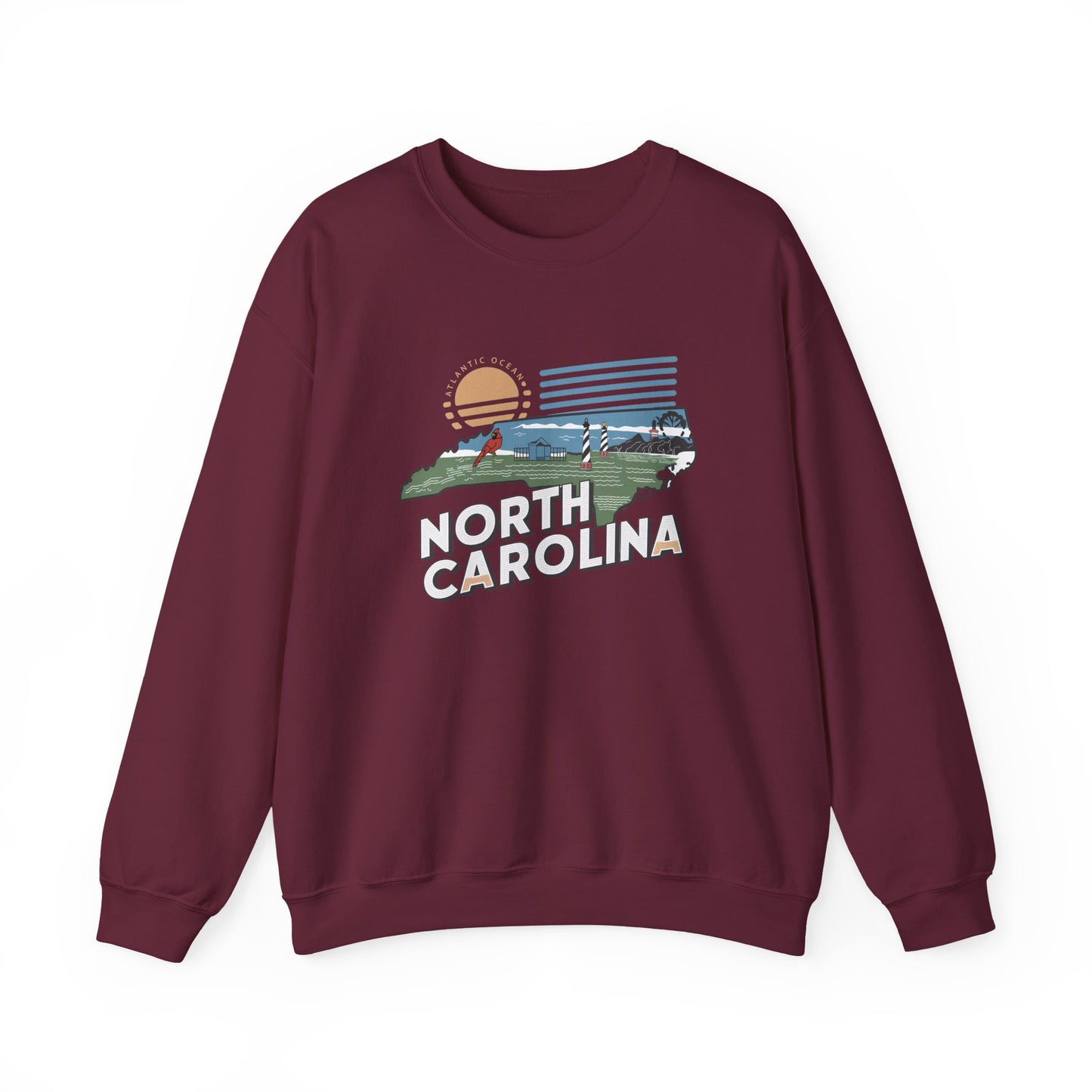 North Carolina state map sunset illustration Sweatshirt | Coastal mountains retro design