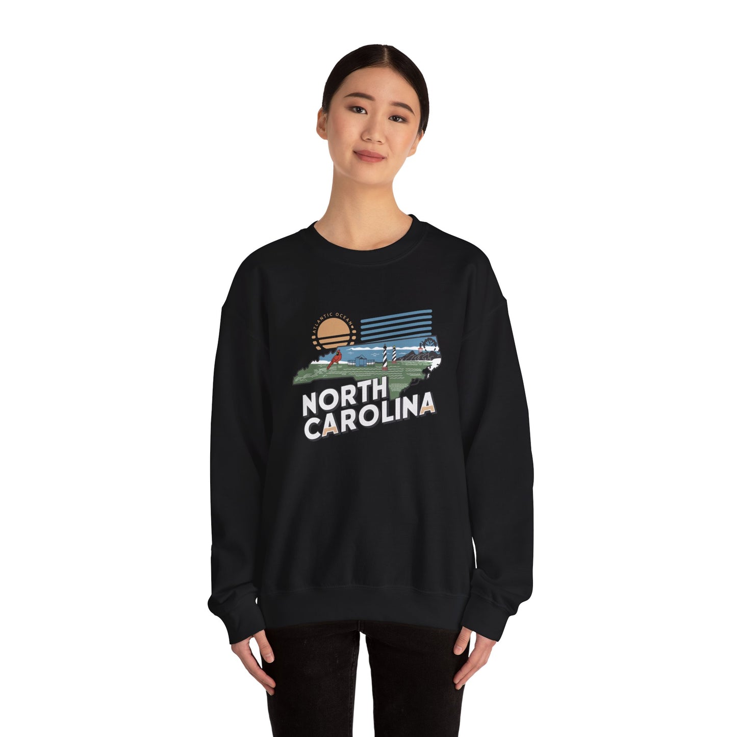 North Carolina state map sunset illustration Sweatshirt | Coastal mountains retro design