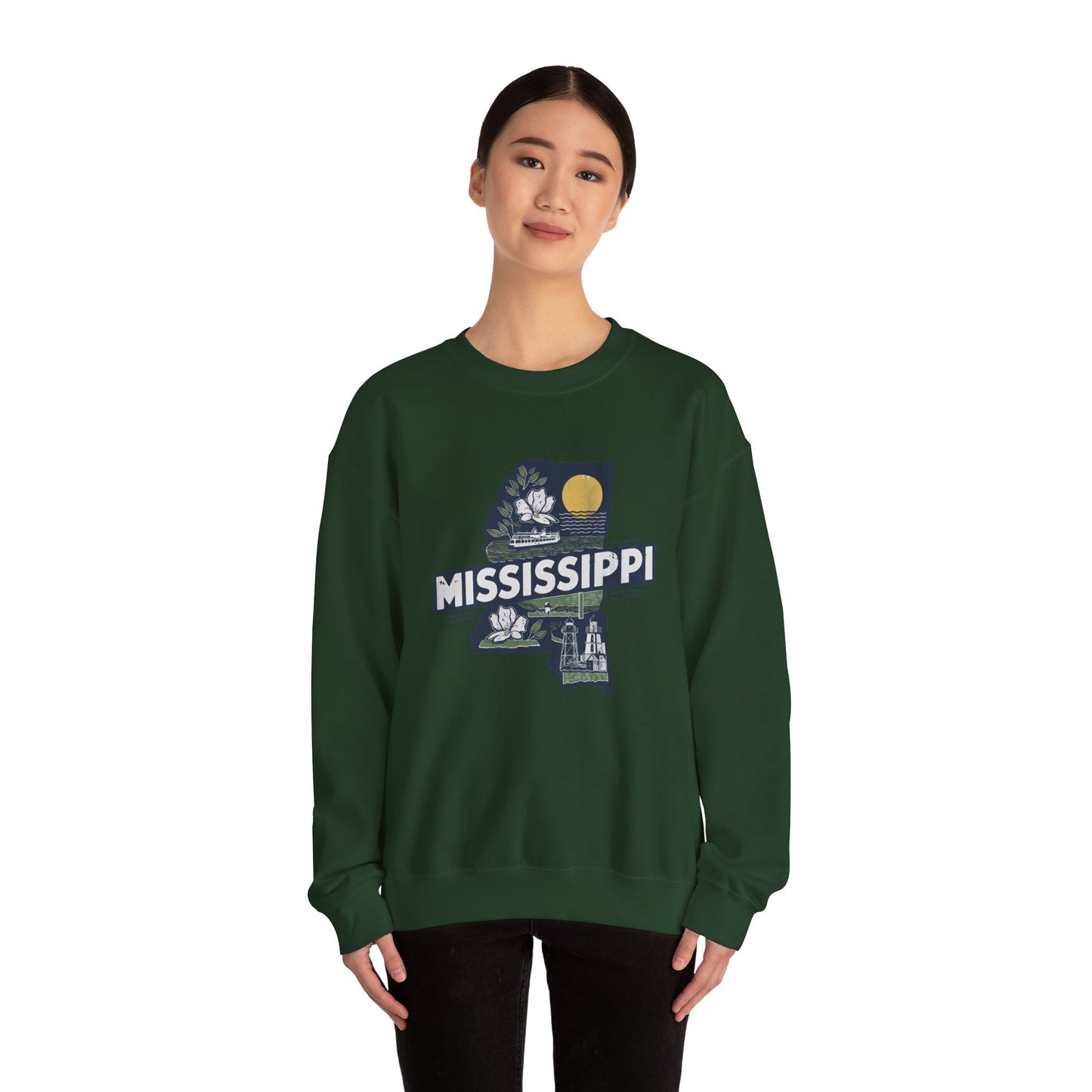 Mississippi State Map with Magnolia and Lighthouse Sweatshirt