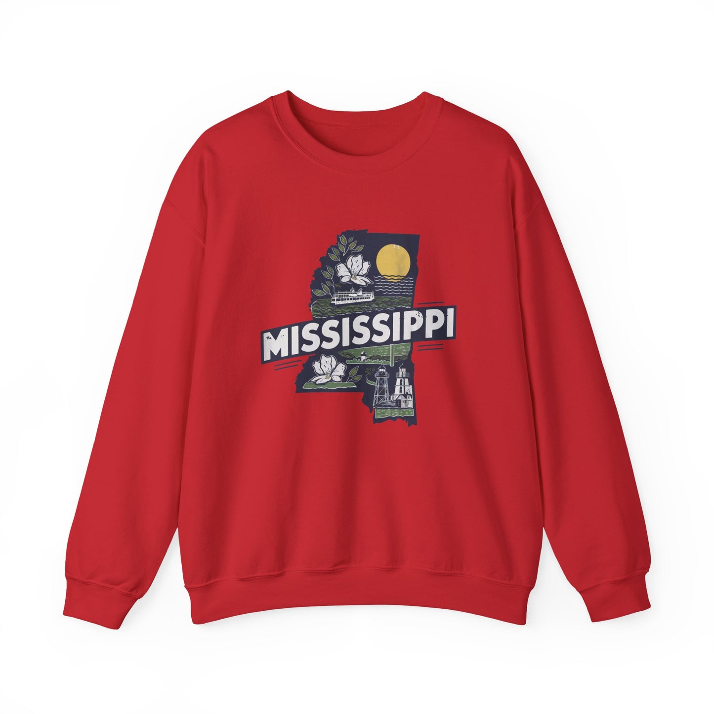Mississippi State Map with Magnolia and Lighthouse Sweatshirt