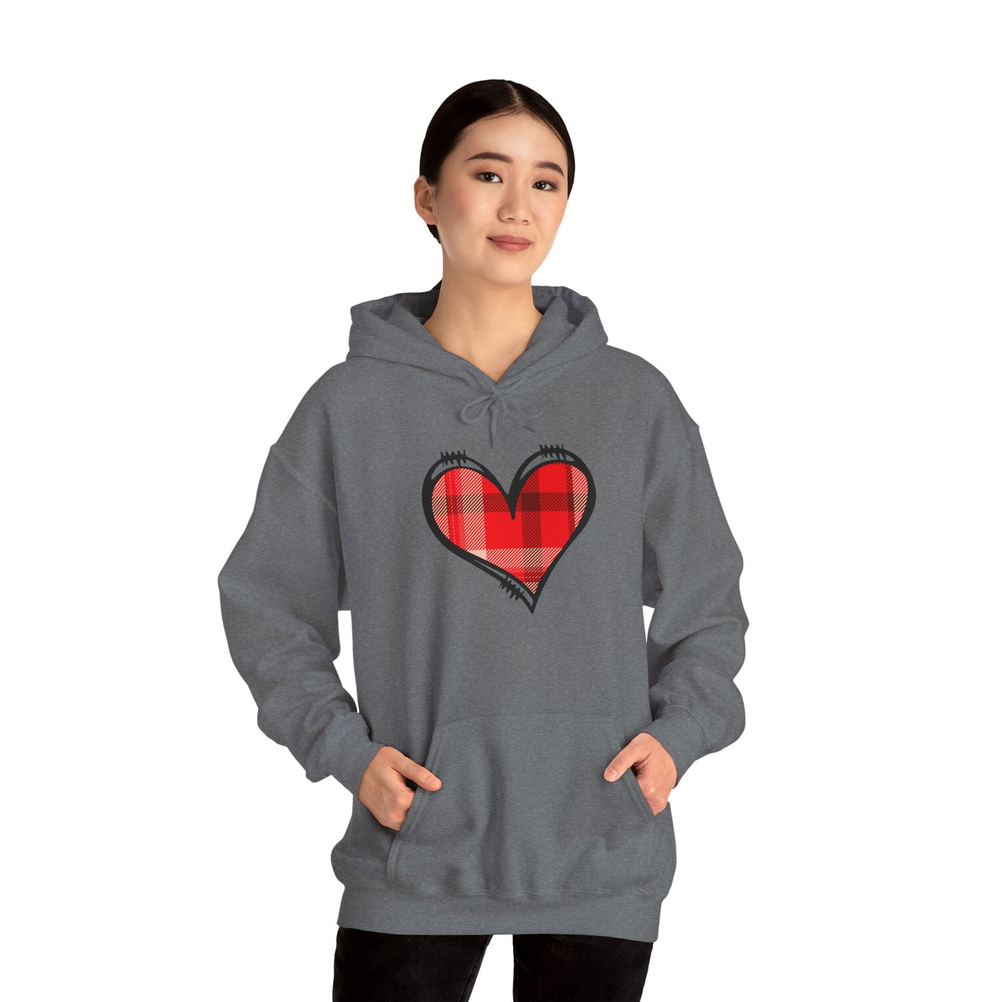 Love Hoodie with Plaid Heart on Front and Bold Love Design on Back