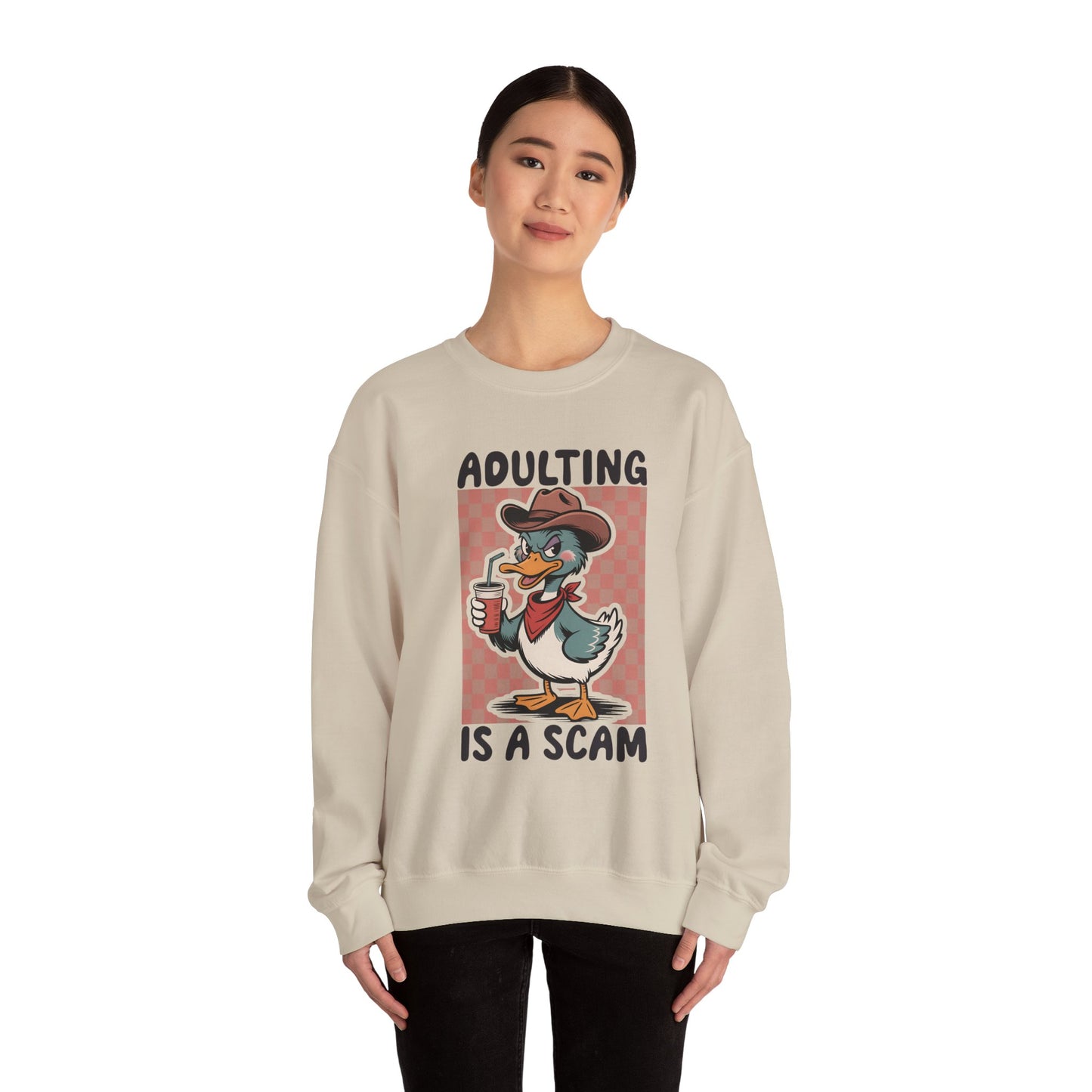 Adulting Is a Scam duck cartoon Sweatshirt | Funny Duck Graphic
