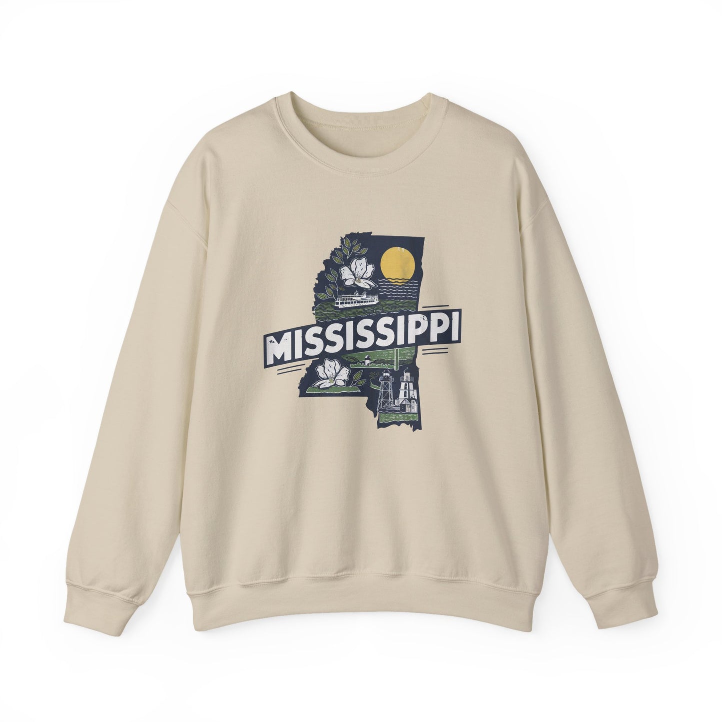 Mississippi State Map with Magnolia and Lighthouse Sweatshirt