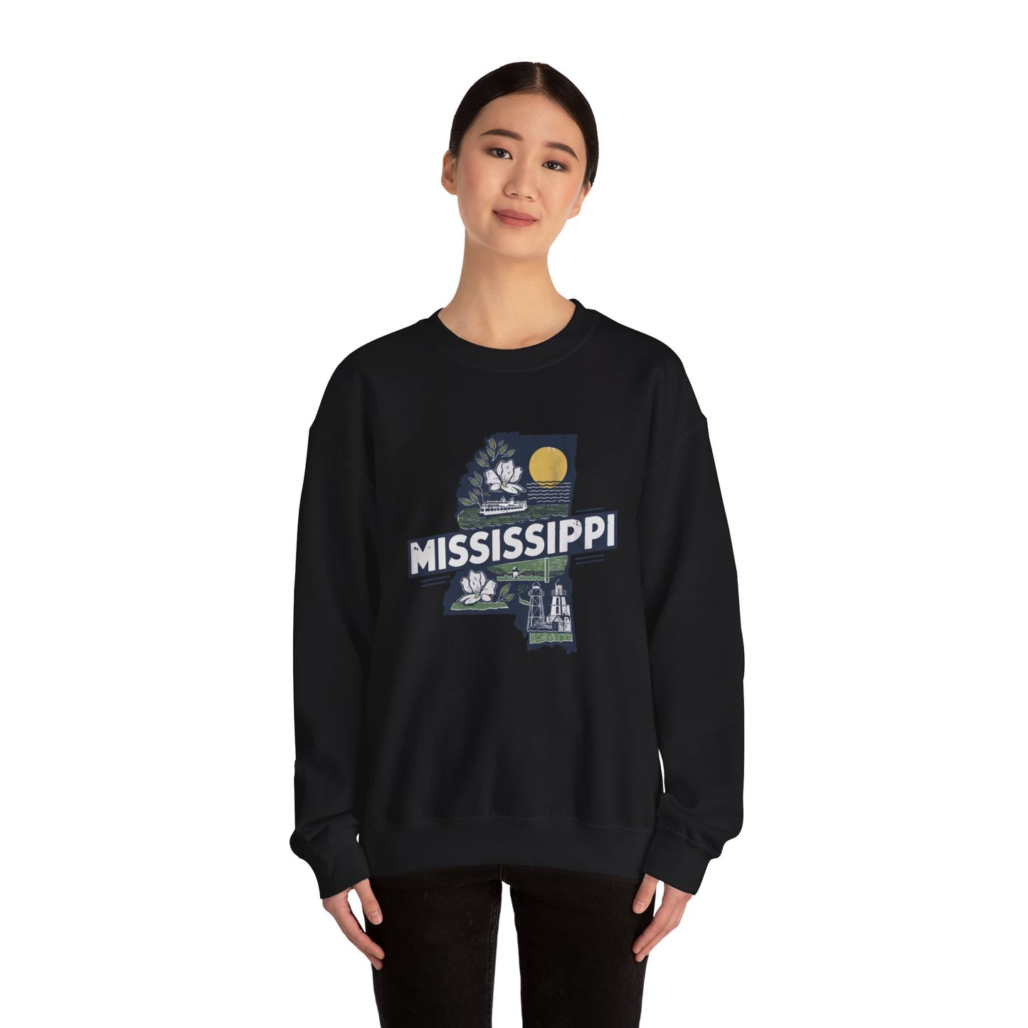 Mississippi State Map with Magnolia and Lighthouse Sweatshirt