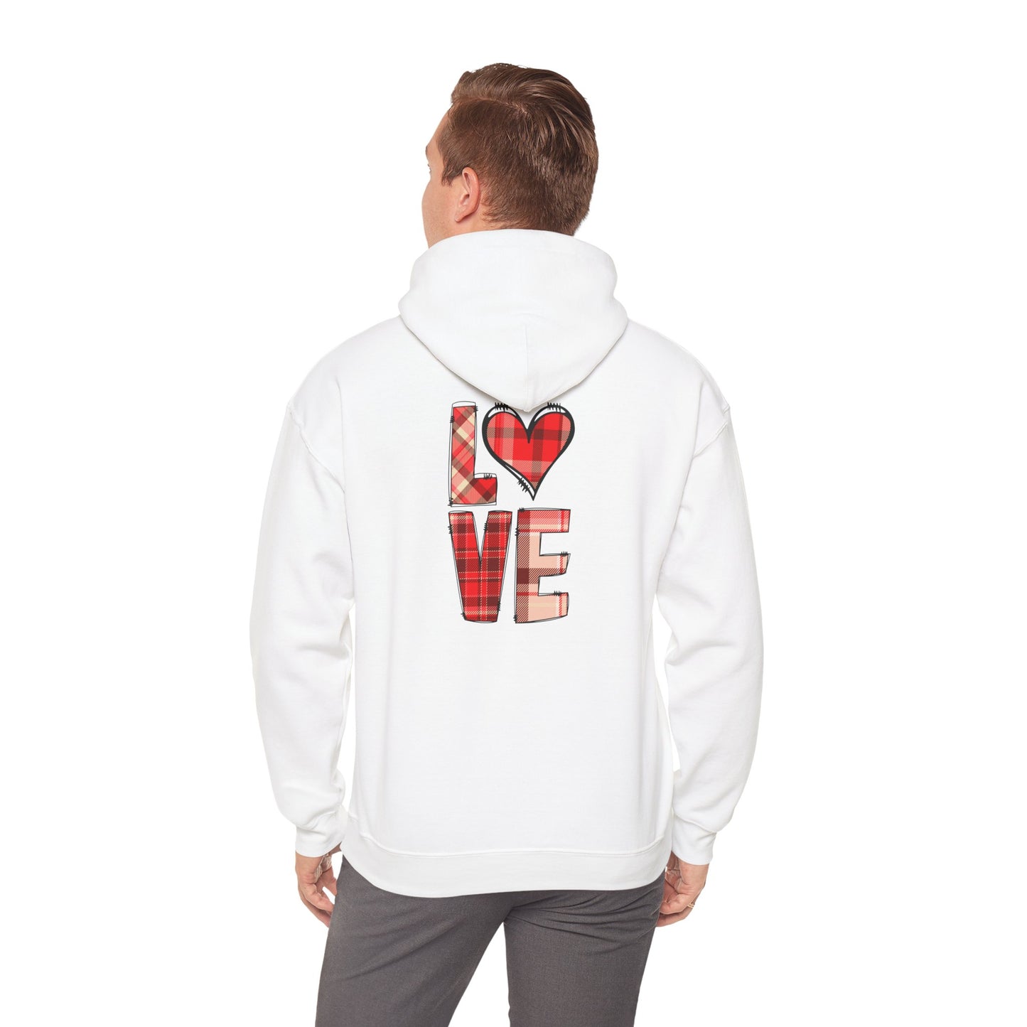 Love Hoodie with Plaid Heart on Front and Bold Love Design on Back