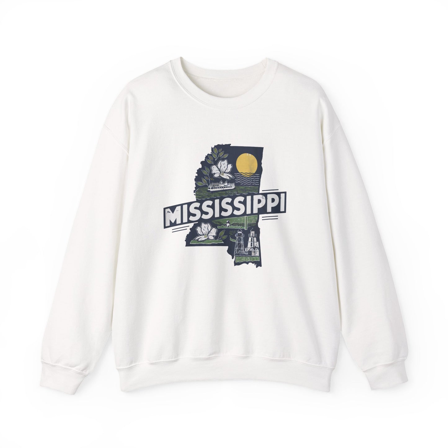 Mississippi State Map with Magnolia and Lighthouse Sweatshirt