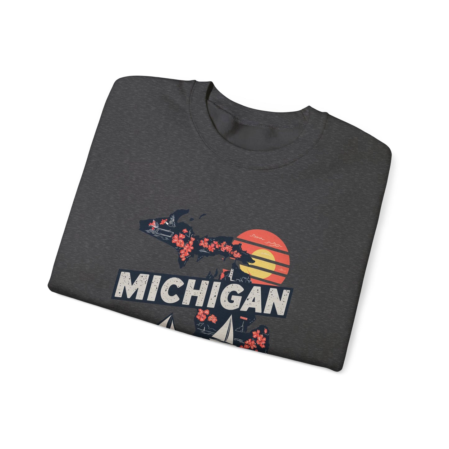 Michigan State Silhouette Sweatshirt | Retro Sunset Sailboat Lakeside