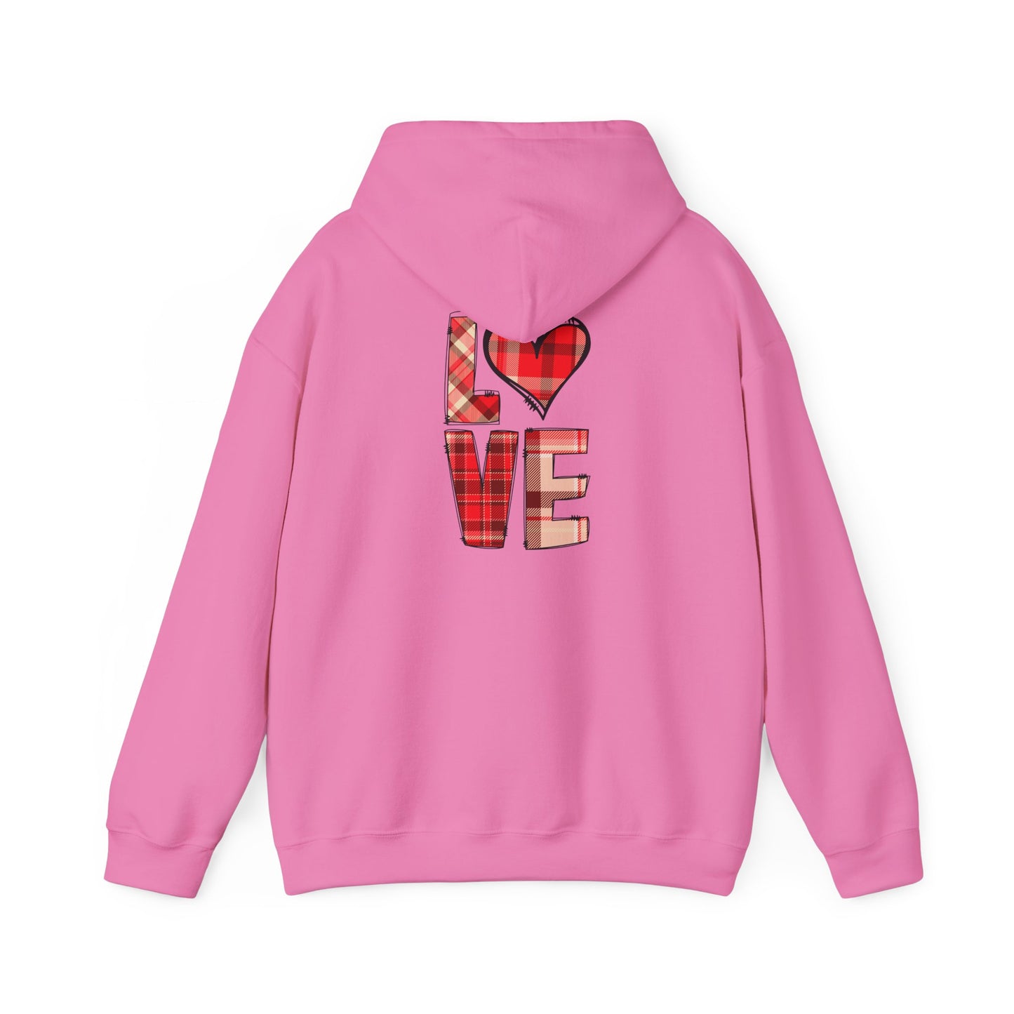 Love Hoodie with Plaid Heart on Front and Bold Love Design on Back