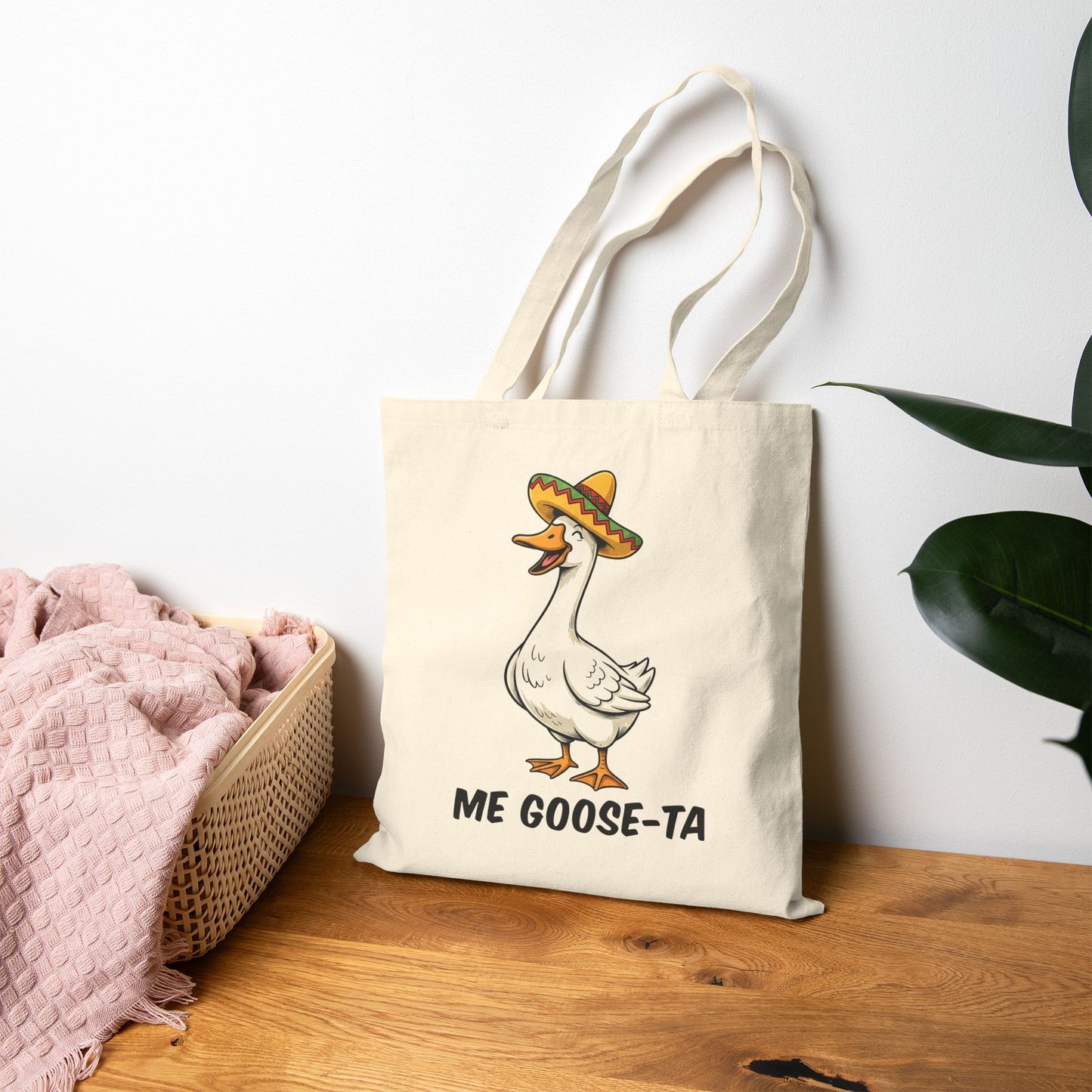 Canvas Tote — "Me Goose-Ta" Cute Goose in Sombrero Funny Cotton Tote Bag