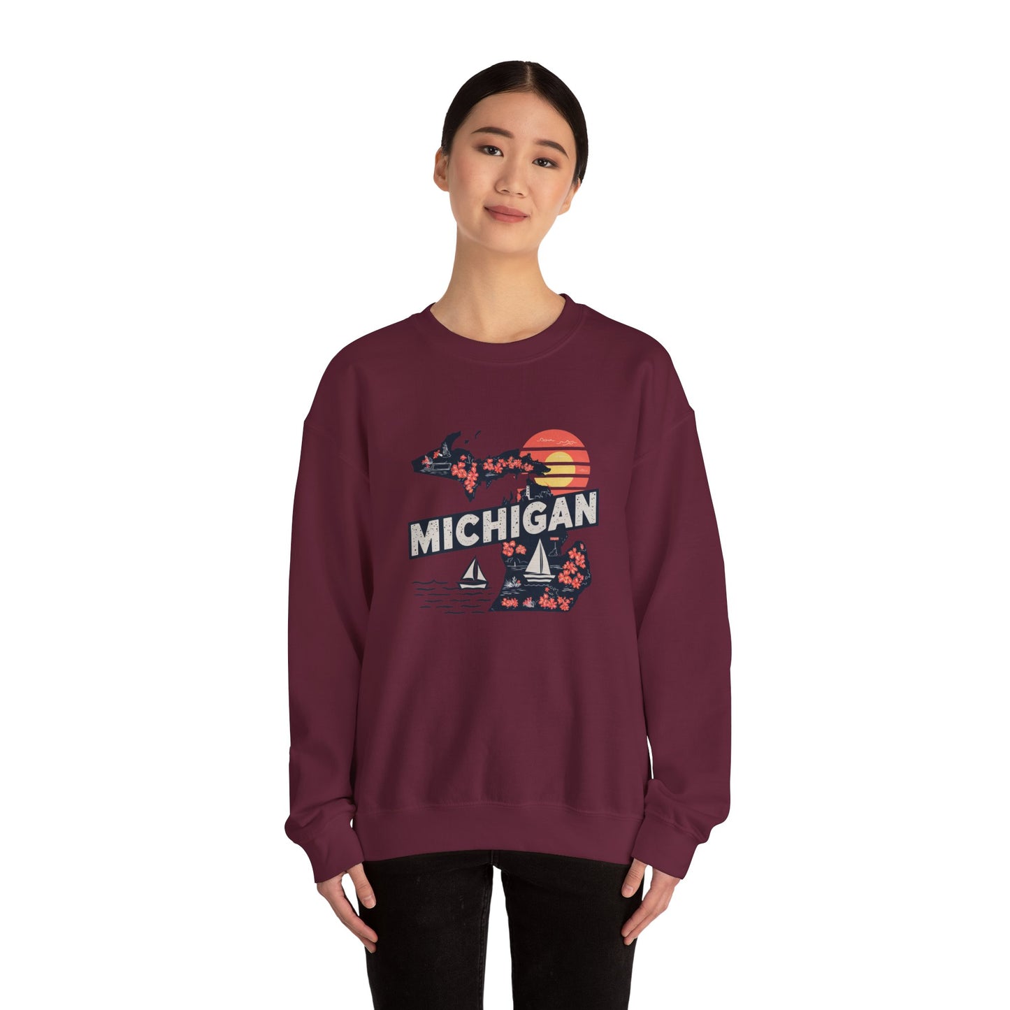 Michigan State Silhouette Sweatshirt | Retro Sunset Sailboat Lakeside