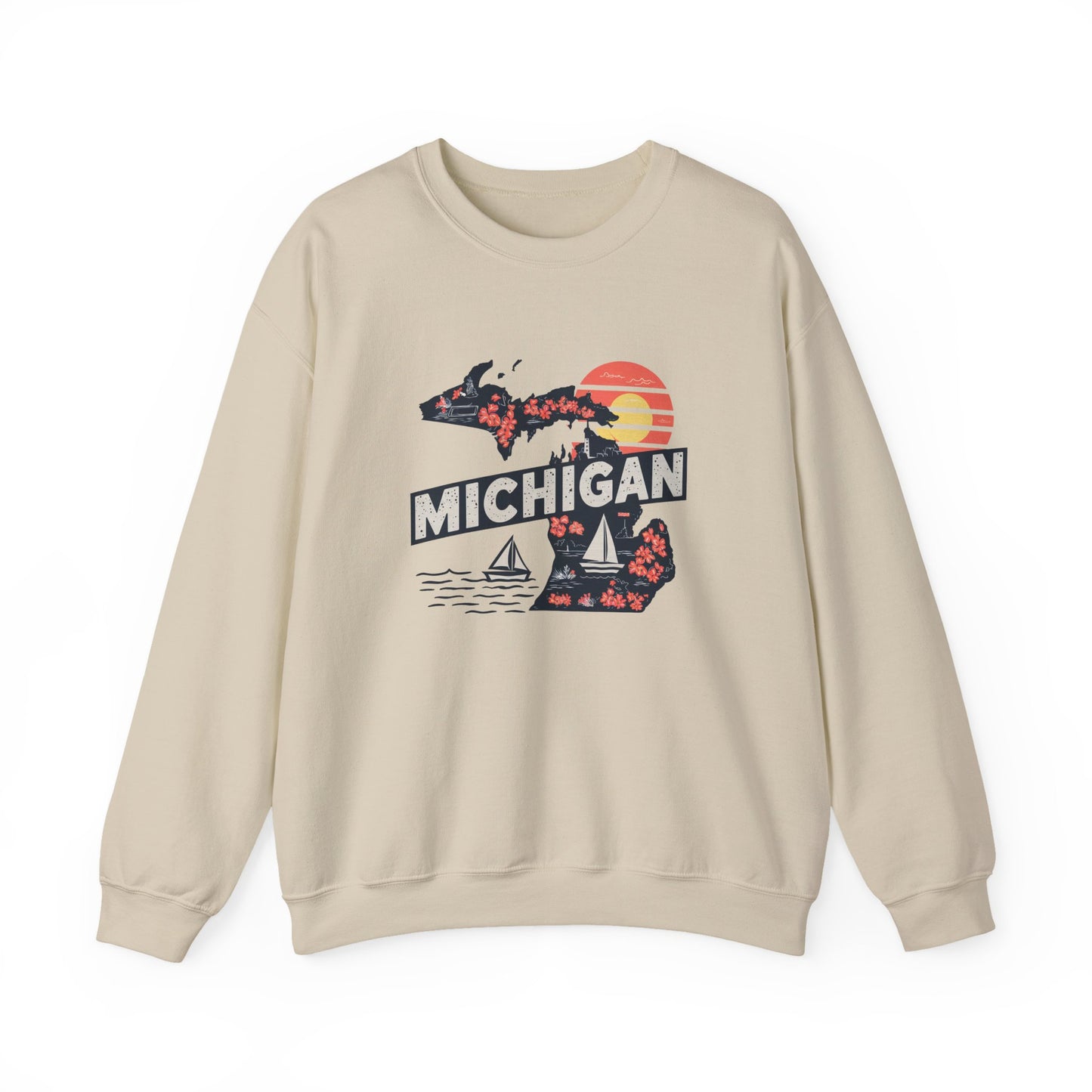 Michigan State Silhouette Sweatshirt | Retro Sunset Sailboat Lakeside