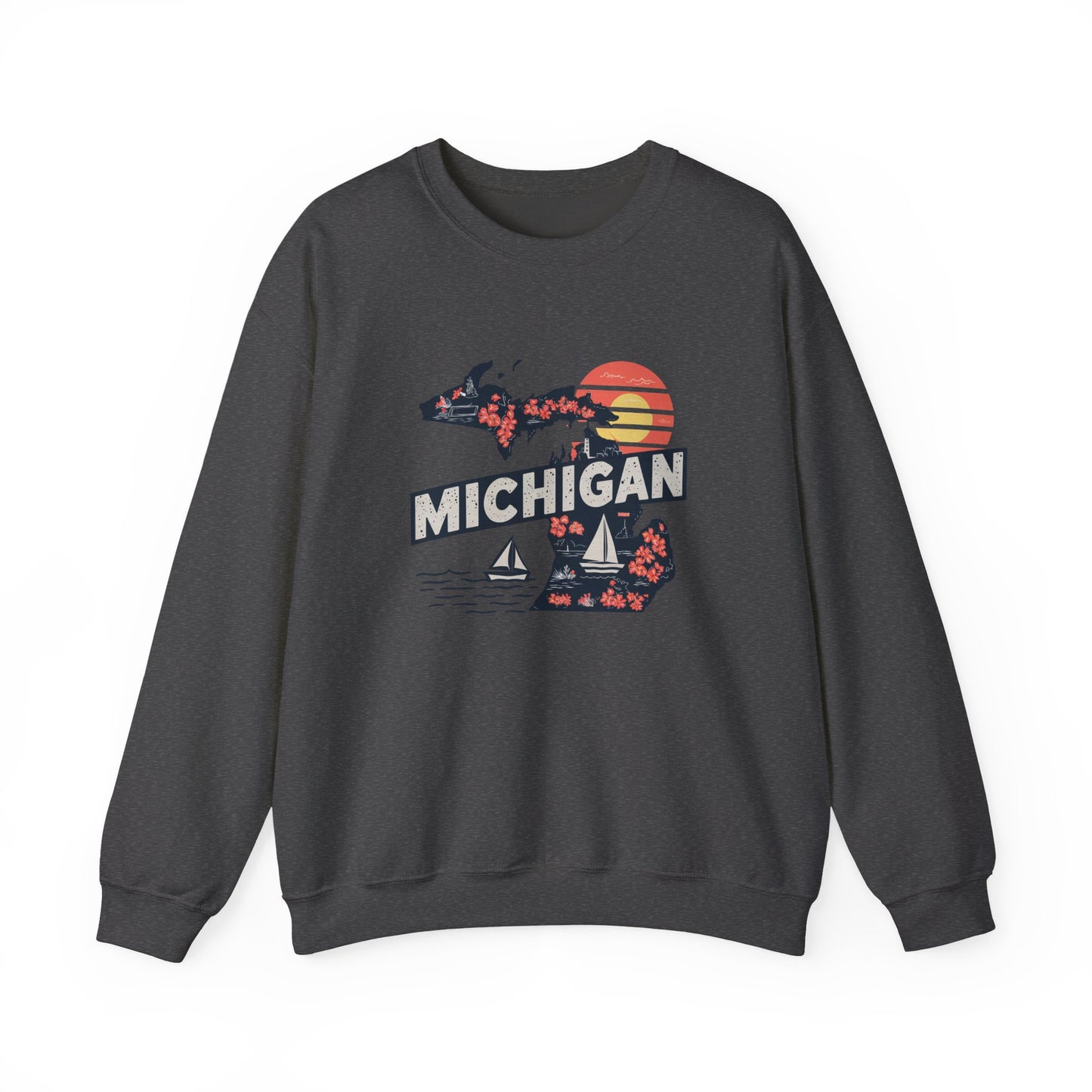 Michigan State Silhouette Sweatshirt | Retro Sunset Sailboat Lakeside
