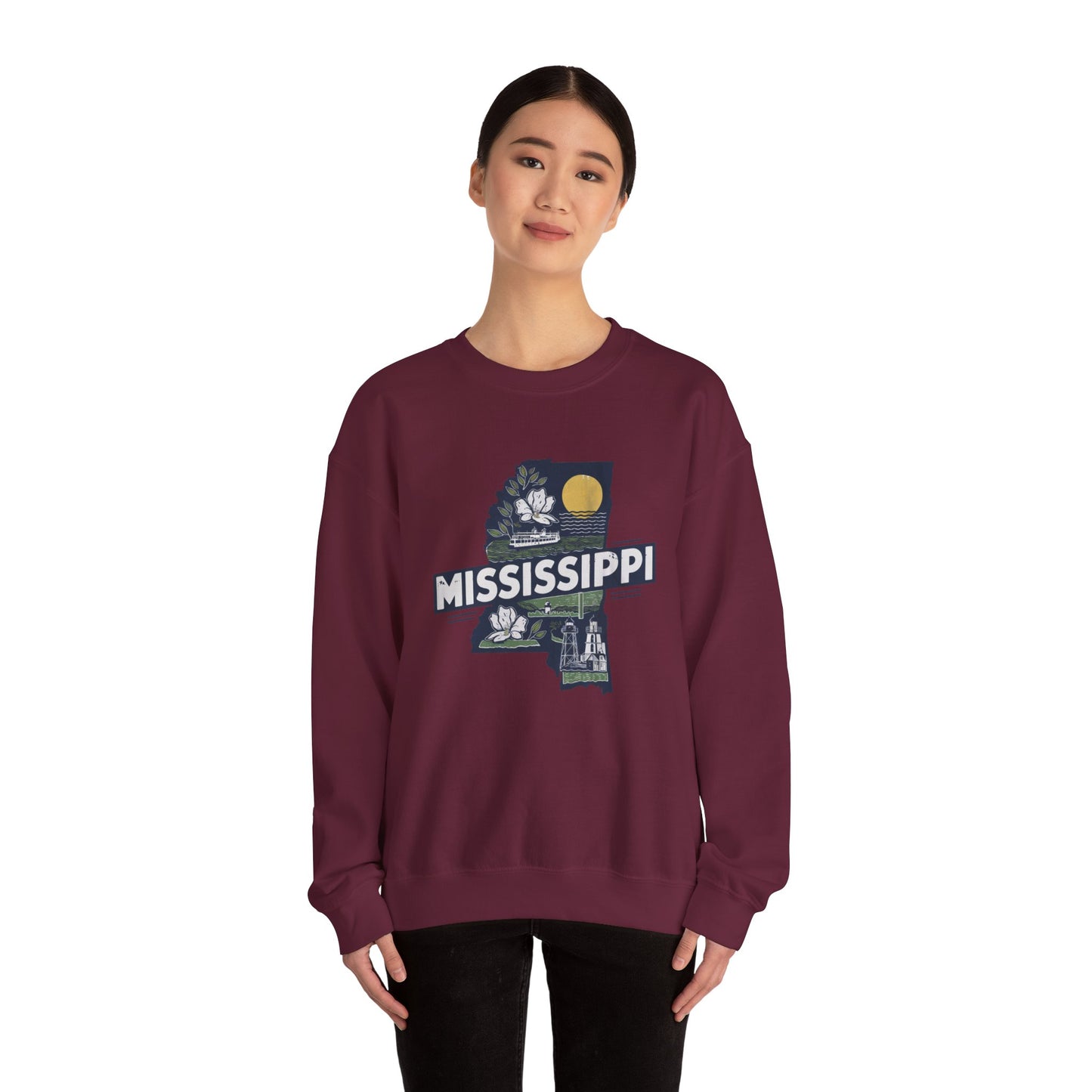 Mississippi State Map with Magnolia and Lighthouse Sweatshirt