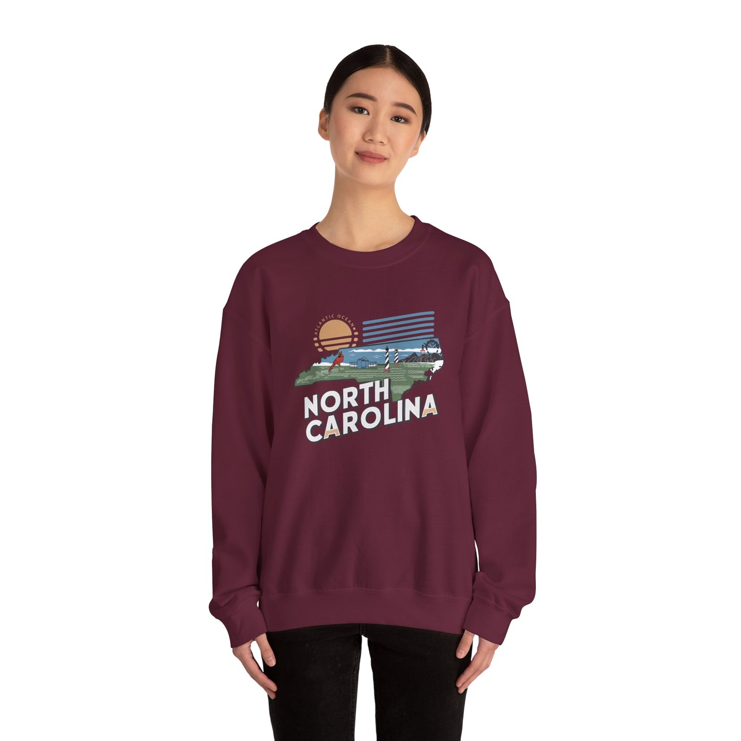 North Carolina state map sunset illustration Sweatshirt | Coastal mountains retro design