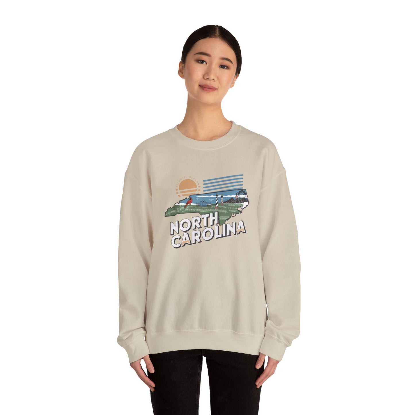 North Carolina state map sunset illustration Sweatshirt | Coastal mountains retro design