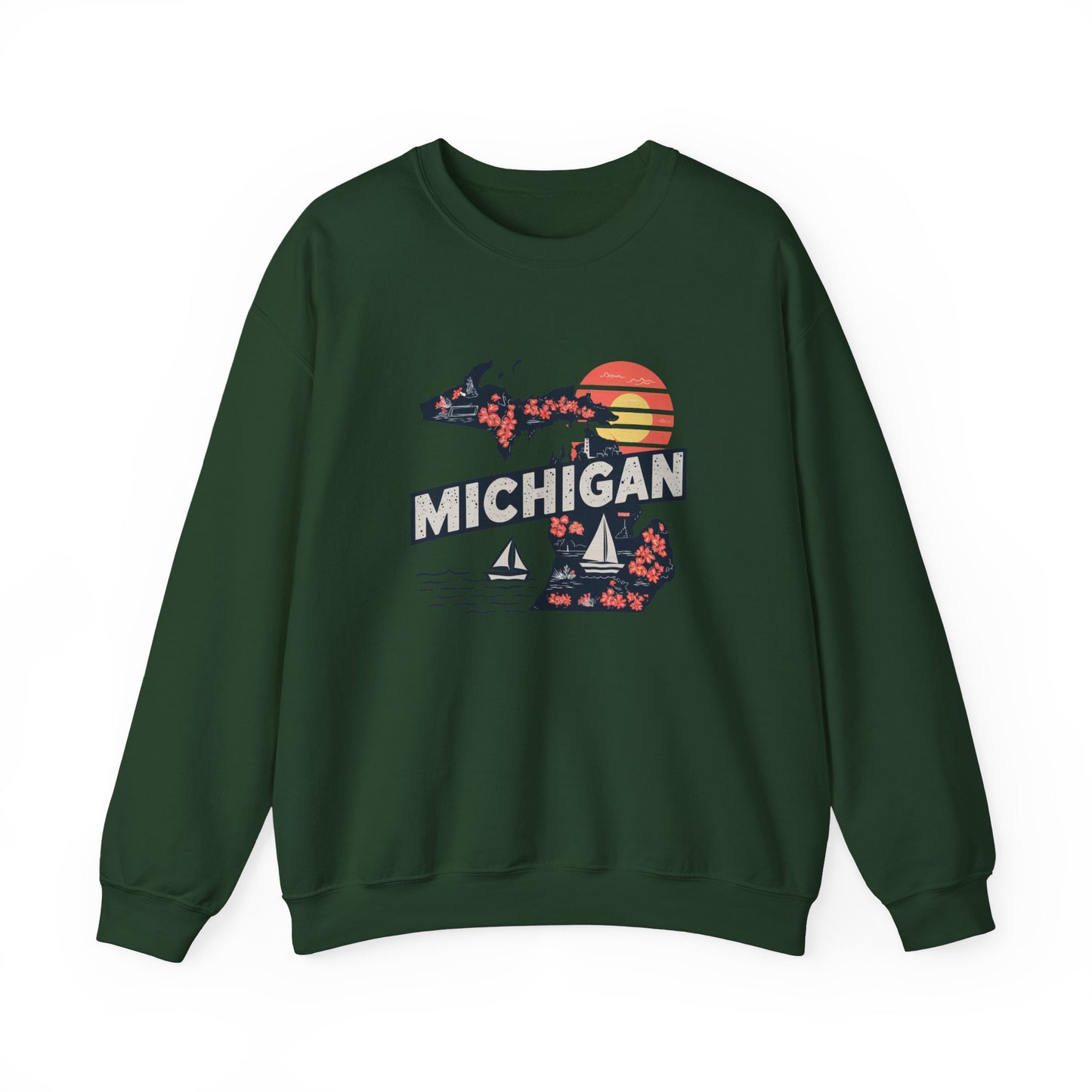 Michigan State Silhouette Sweatshirt | Retro Sunset Sailboat Lakeside