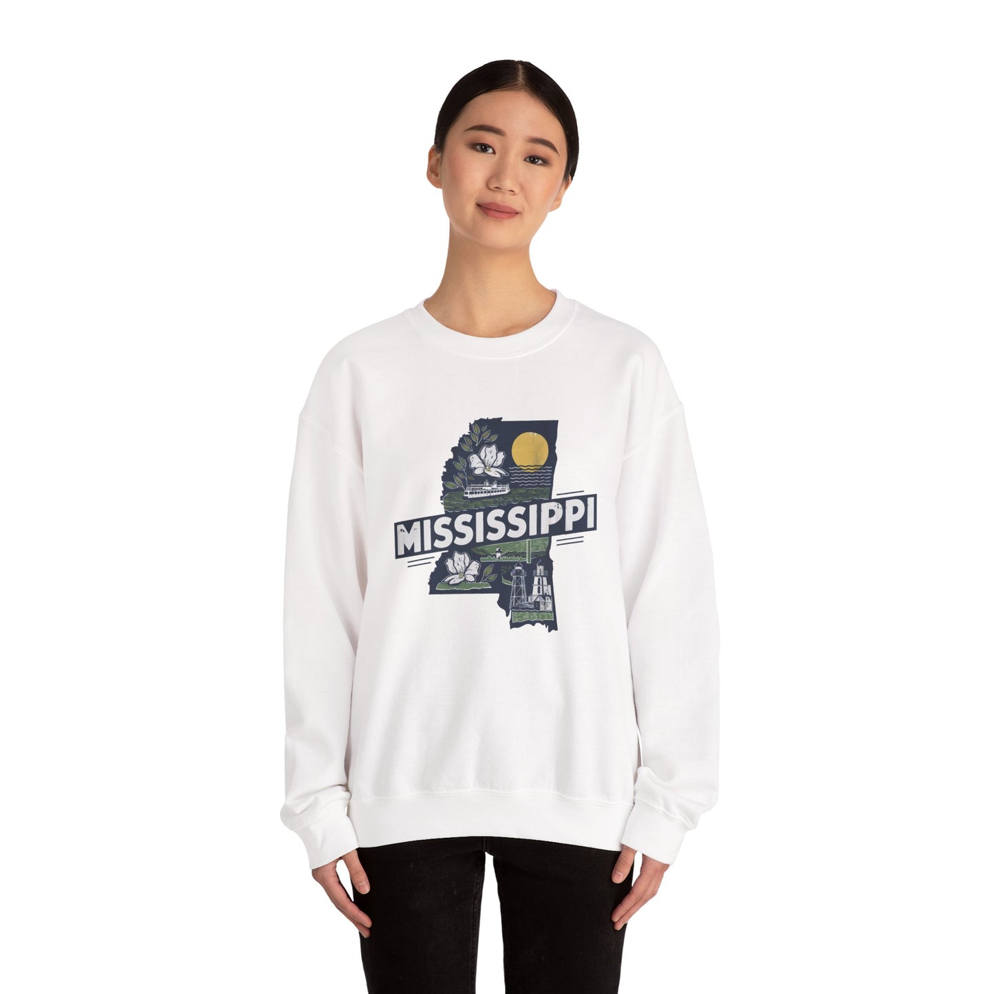 Mississippi State Map with Magnolia and Lighthouse Sweatshirt