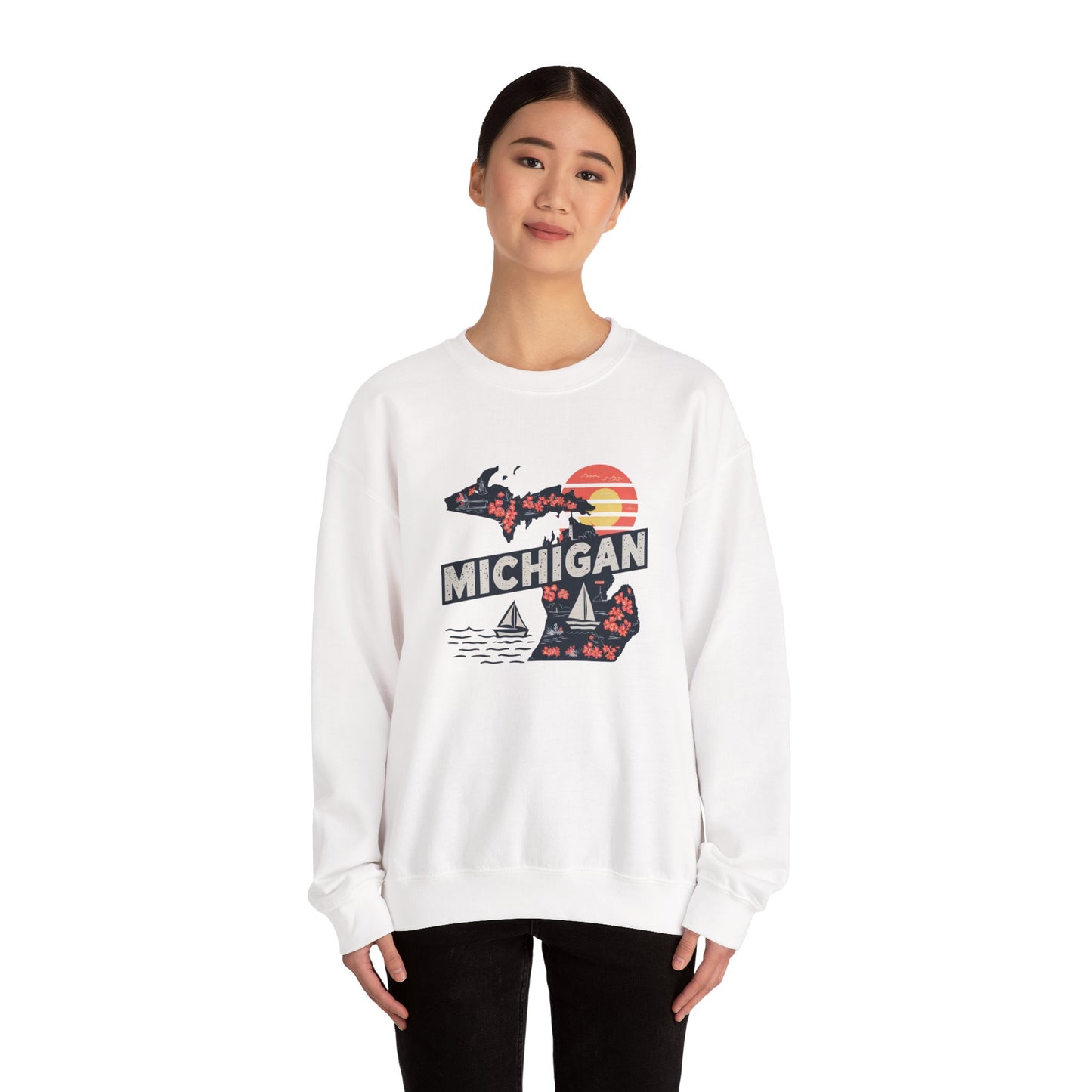Michigan State Silhouette Sweatshirt | Retro Sunset Sailboat Lakeside