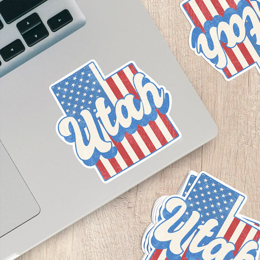 Utah State Sticker with American Flag Background | Weatherproof Vinyl Decal