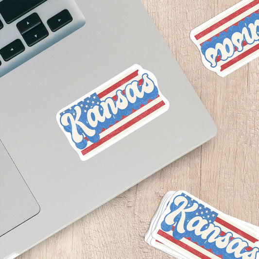 Kansas State Sticker with American Flag Background | Weatherproof Vinyl Decal