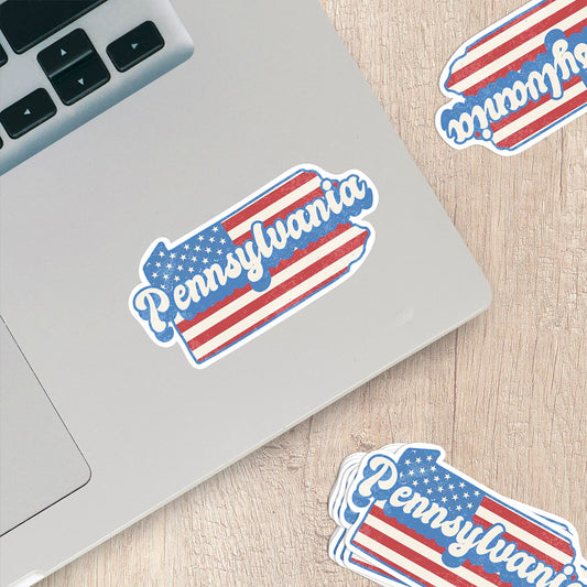 Pennsylvania State Sticker with American Flag Background | Weatherproof Vinyl Decal