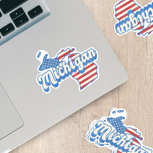 Michigan State Sticker with American Flag Background | Weatherproof Vinyl Decal