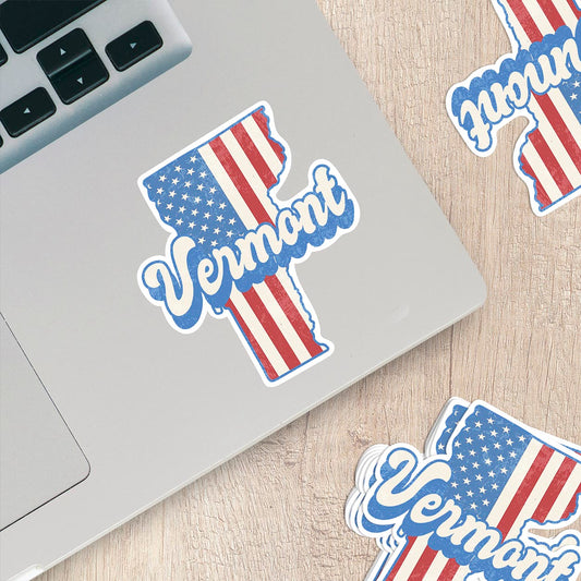 Vermont State Sticker with American Flag Background | Weatherproof Vinyl Decal
