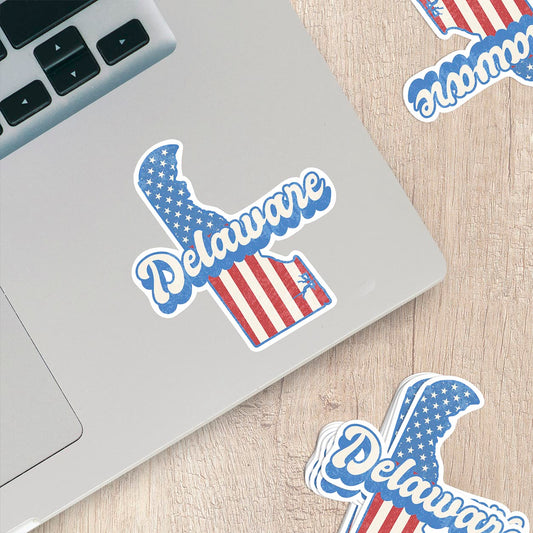Delaware State Sticker with American Flag Background | Weatherproof Vinyl Decal