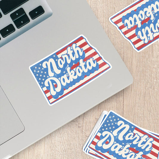 North Dakota State Sticker with American Flag Background | Weatherproof Vinyl Decal