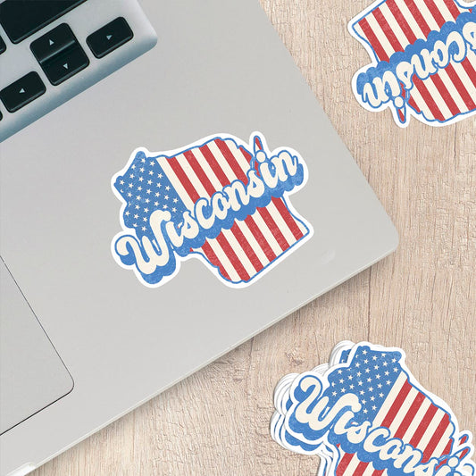 Wisconsin State Sticker with American Flag Background | Weatherproof Vinyl Decal