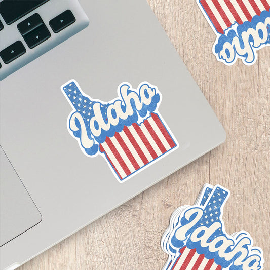 Idaho State Sticker with American Flag Background | Weatherproof Vinyl Decal