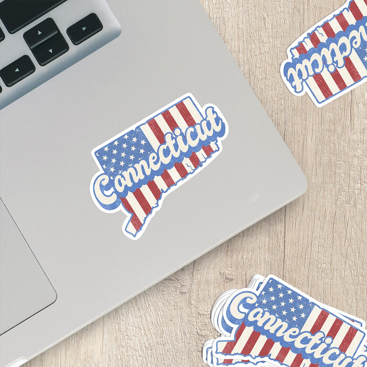 Connecticut State Sticker with American Flag Background | Weatherproof Vinyl Decal