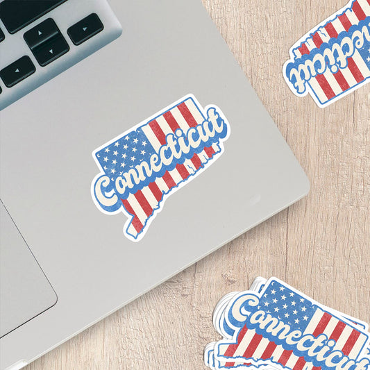 Connecticut State Sticker with American Flag Background | Weatherproof Vinyl Decal