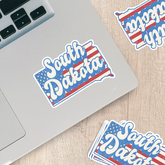 South Dakota State Sticker with American Flag Background | Weatherproof Vinyl Decal