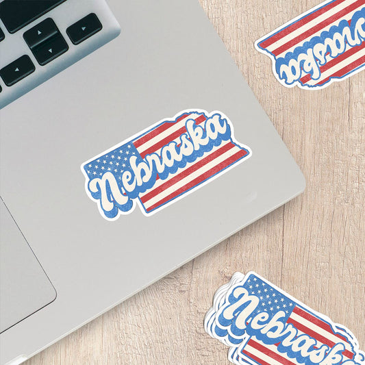 Nebraska State Sticker with American Flag Background | Weatherproof Vinyl Decal