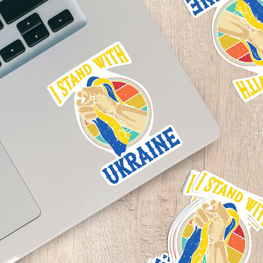 I Stand with Ukraine – Raised Fist Holding Ukrainian Flag Sticker
