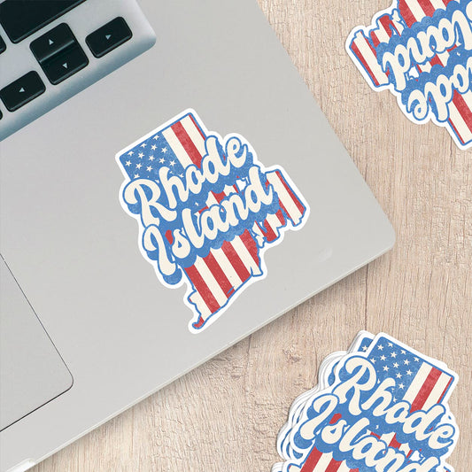 Rhode Island State Sticker with American Flag Background | Weatherproof Vinyl Decal