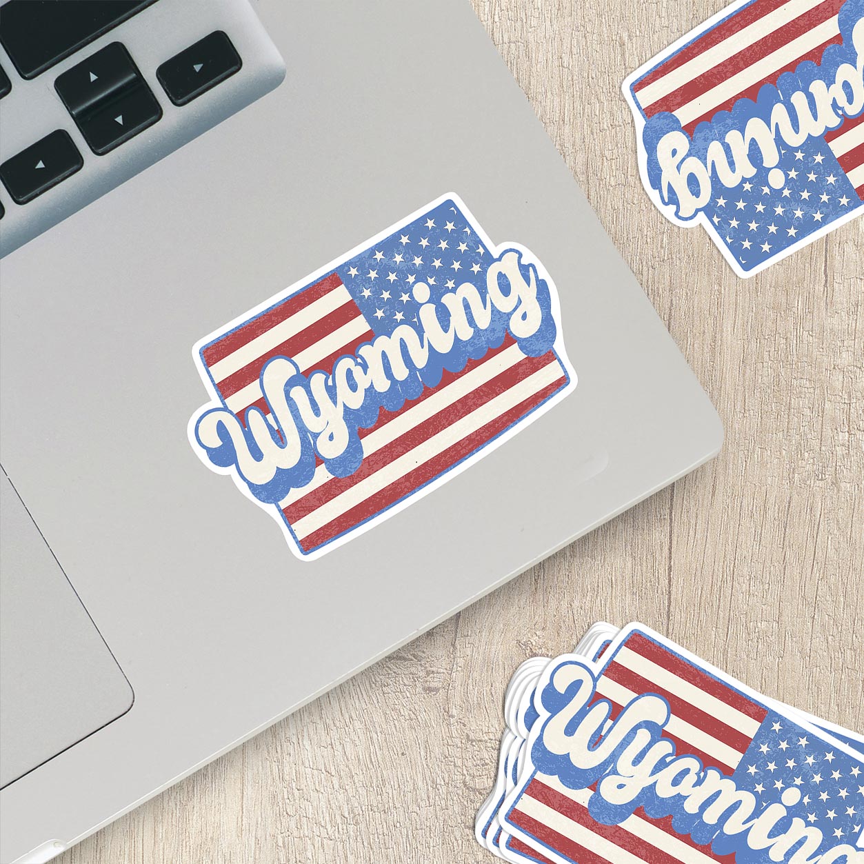 Wyoming State Sticker with American Flag Background | Weatherproof Vinyl Decal