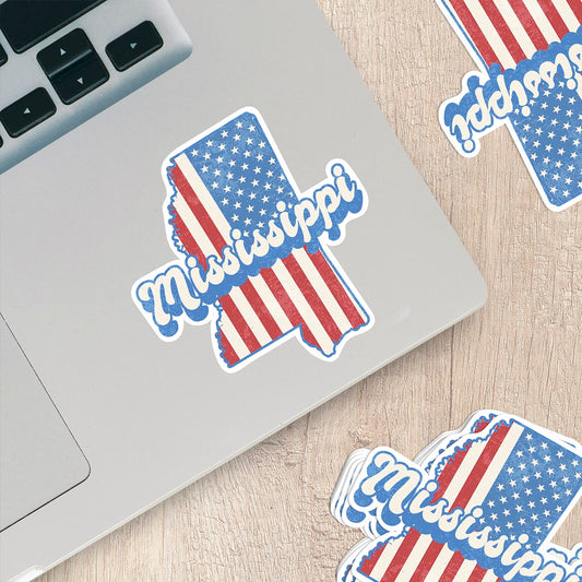 Mississippi State Sticker with American Flag Background | Weatherproof Vinyl Decal
