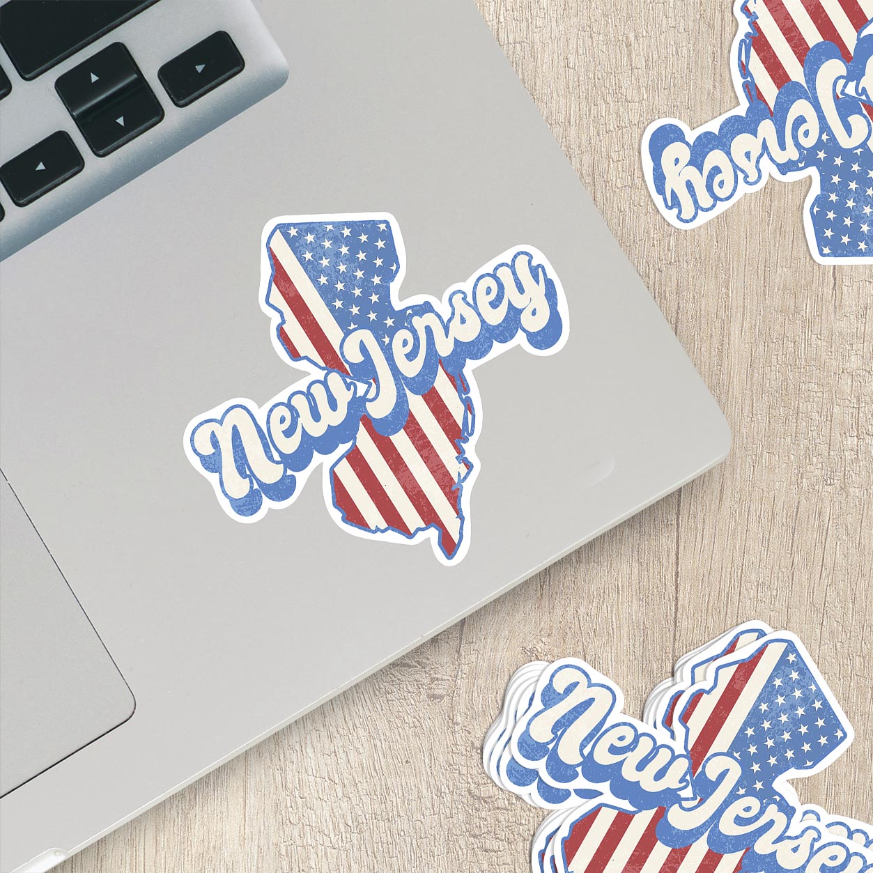 New Jersey State Sticker with American Flag Background | Weatherproof Vinyl Decal