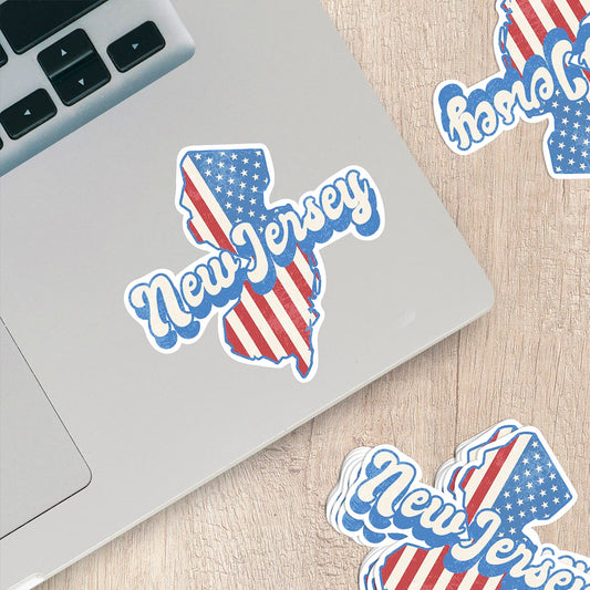 New Jersey State Sticker with American Flag Background | Weatherproof Vinyl Decal