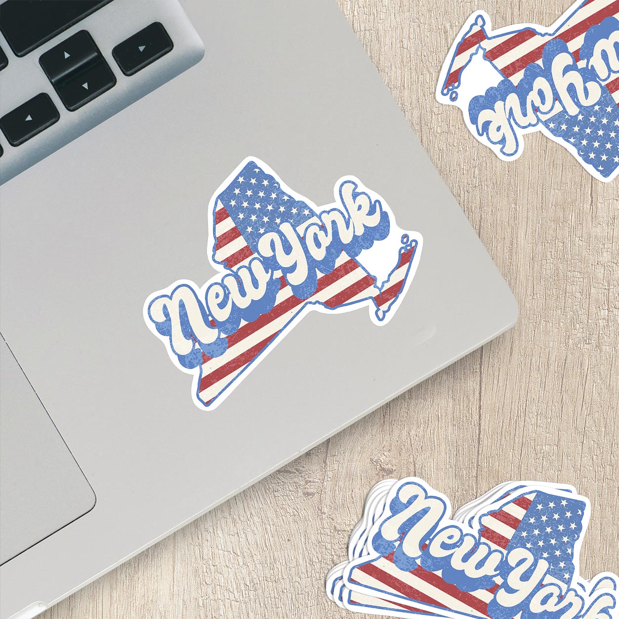 New York State Sticker with American Flag Background | Weatherproof Vinyl Decal